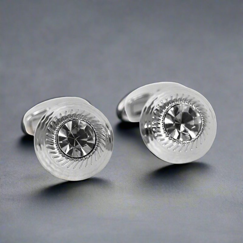 Silver Round Cufflinks with Diamond Cut Elements