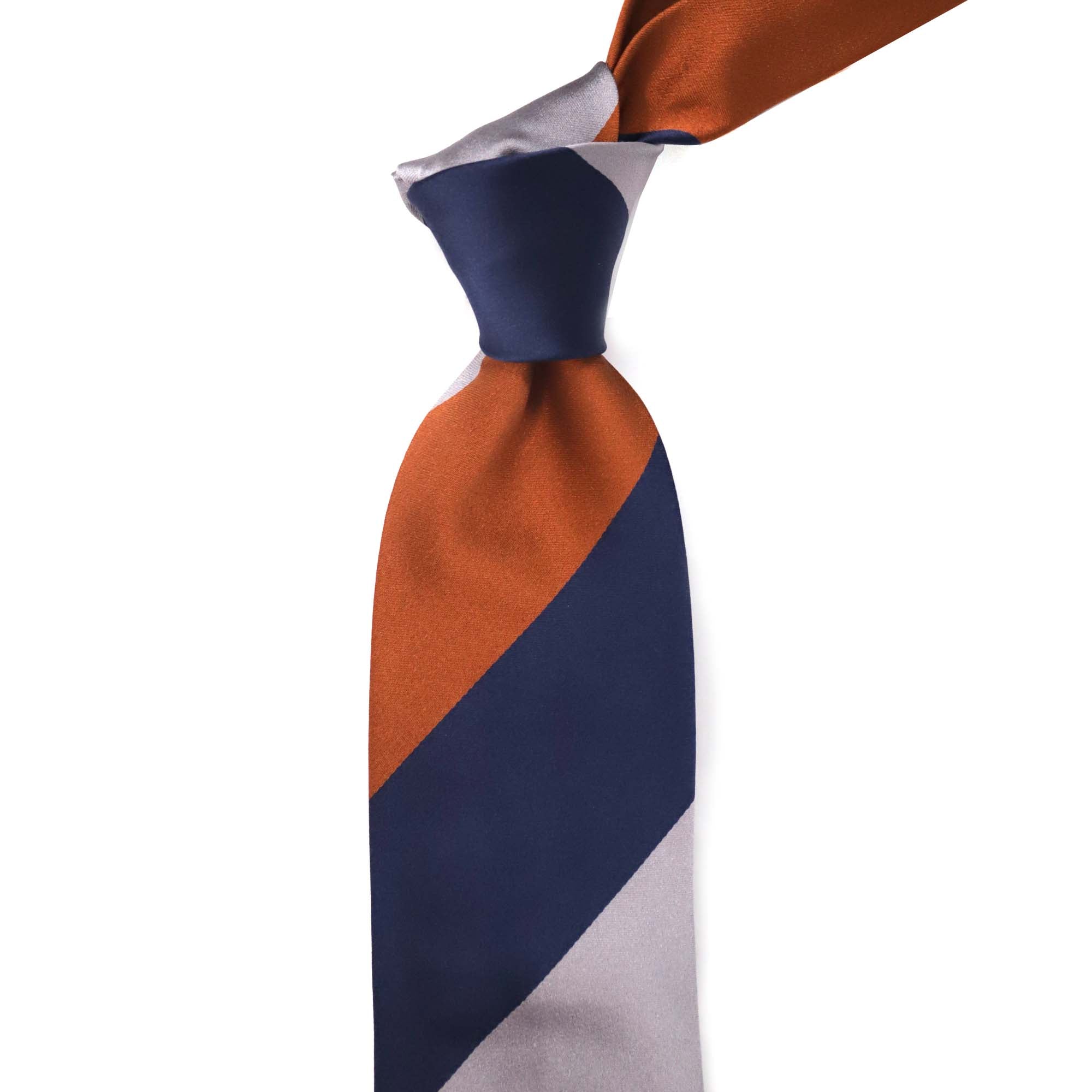 Stefano Cau PANEL DOUBLE STRIPE SATIN TIE - Orange white and Navy