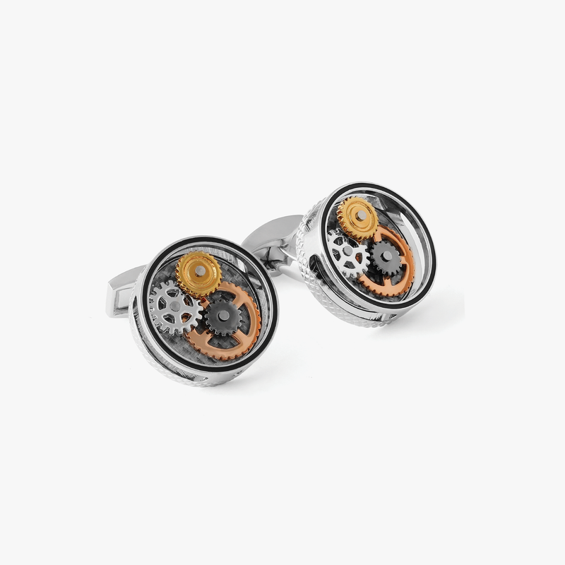 Round Carbon Gear Cufflinks in Palladium Plated