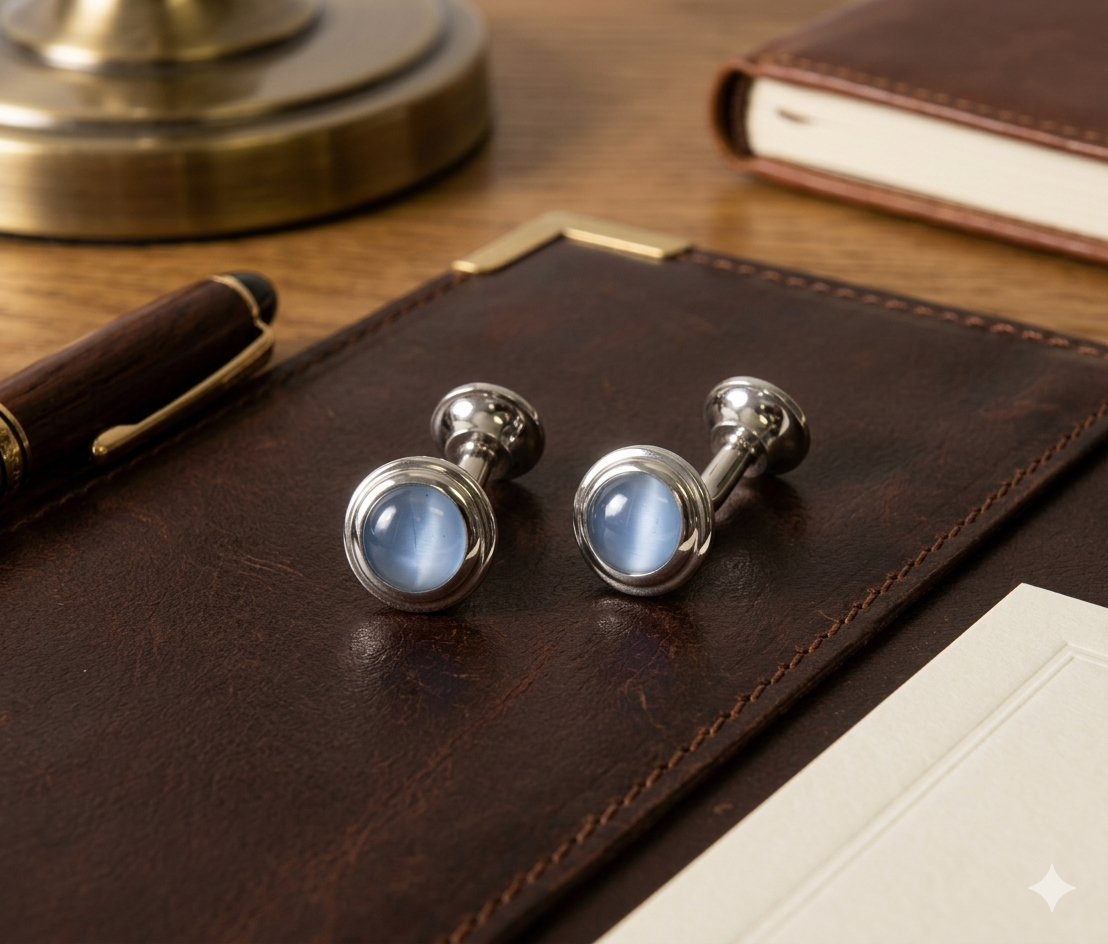 A pair of silver-toned cufflinks with round light blue cabochon gemstones, displayed on a dark brown leather notebook cover on a wooden desk.