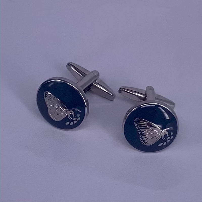 Botanic Series - Round Silver Butterfly Cufflinks in Dark Blue