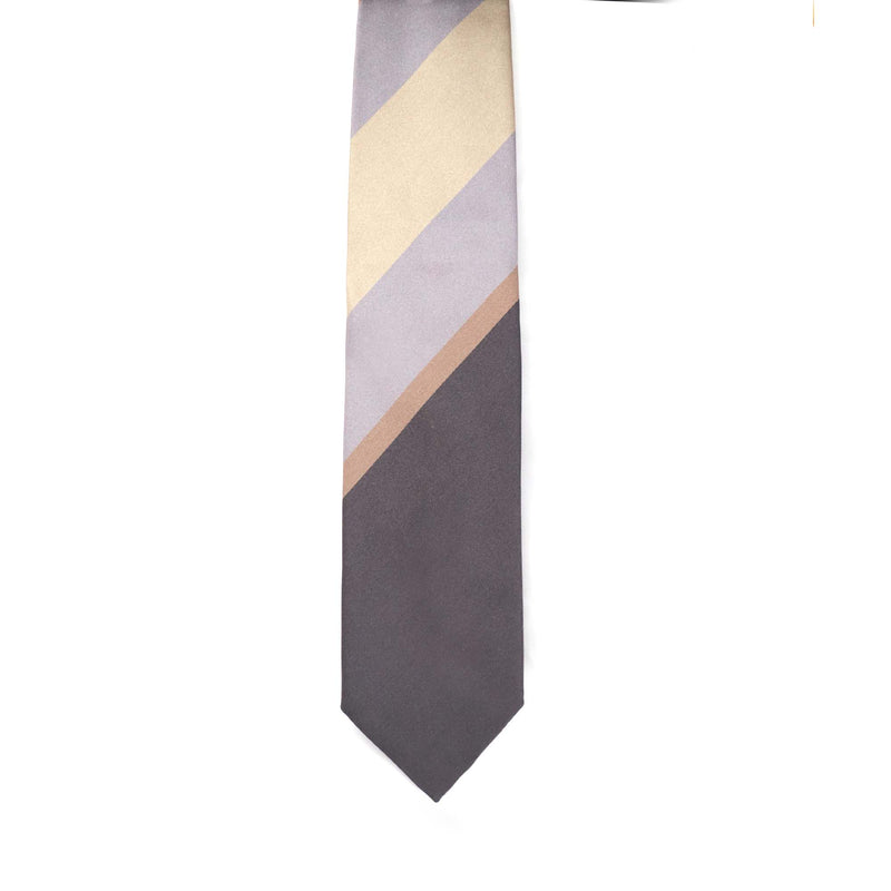 Stefano Cau PANEL DOUBLE STRIPE SATIN TIE - Dark Brown / Brown / Beige