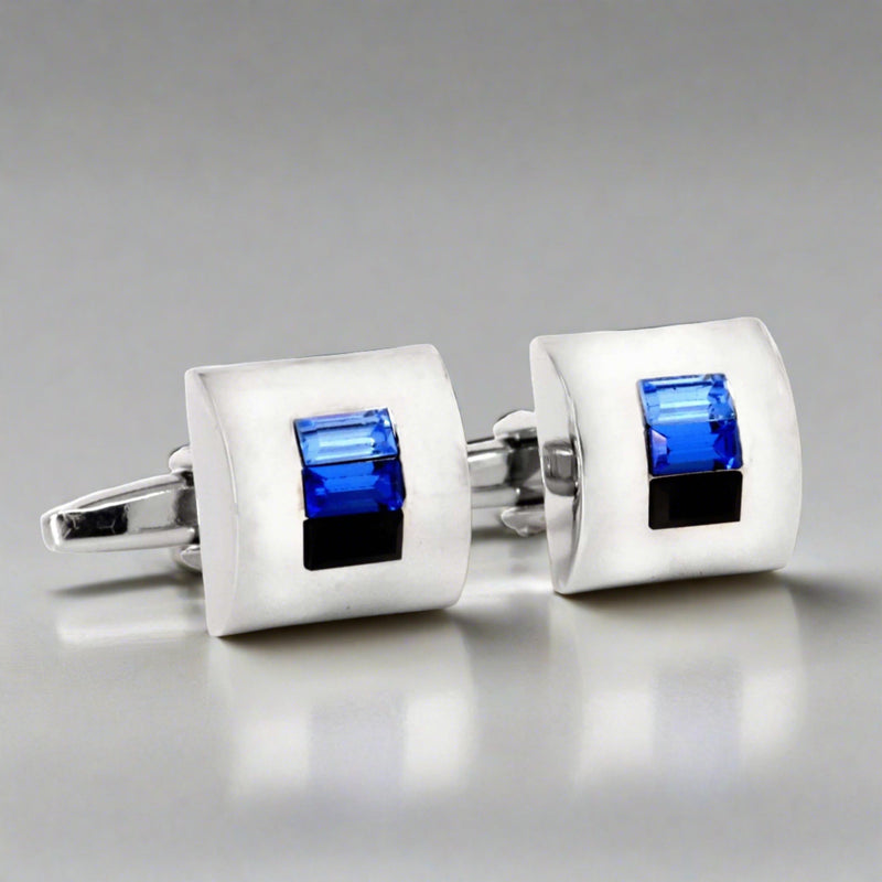 3crystals Silver Square Cufflinks with blue and black-Cufflinks-marzthomson-Cufflinks.com.sg