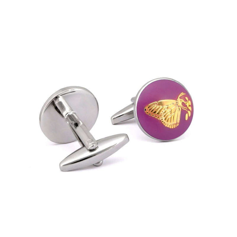 Botanic Series - Round Gold Butterfly Cufflinks in Purple-Cufflinks.com.sg