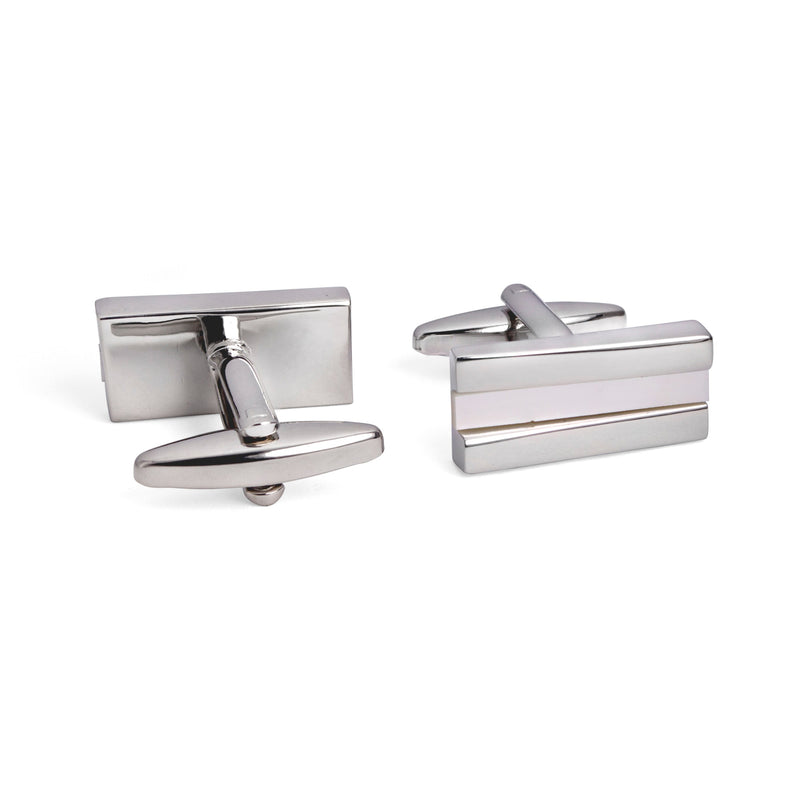 Rectangle Irregular Stacked Cufflinks with White Mother of Pearl in Rhodium Plated-Cufflinks.com.sg