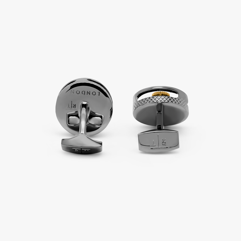 Round Gear Carbon Fibre cufflinks with gunmetal finish-Cufflinks-Tateossian-Cufflinks.com.sg