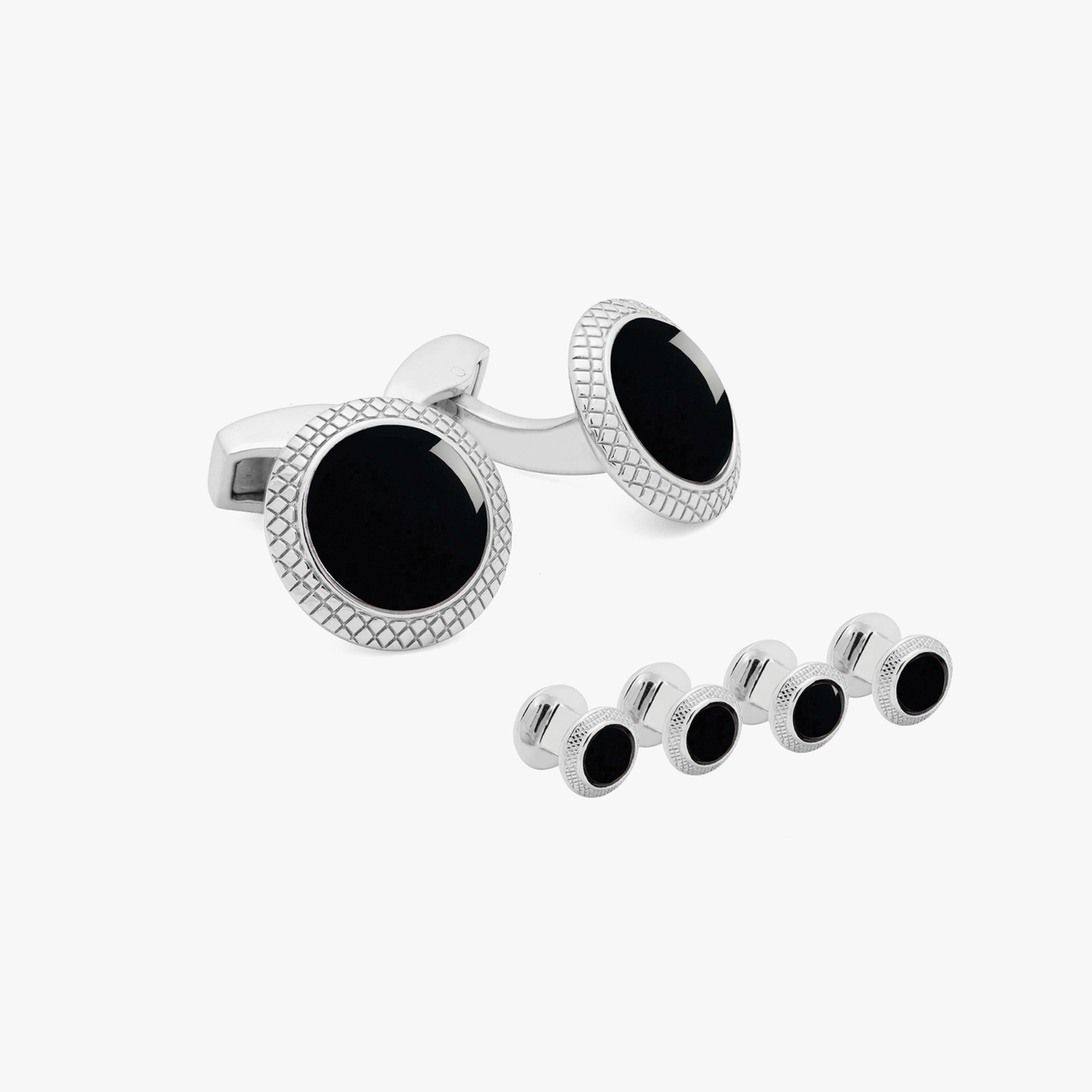 Tateossian Rhodium plated Bullseye cufflinks and studs set with onyx-cufflink and stud set-Tateossian-Cufflinks.com.sg